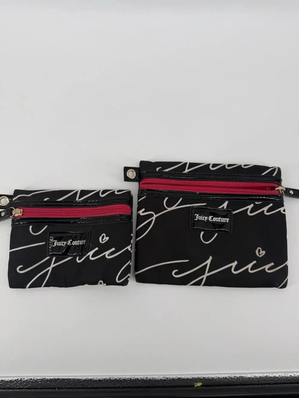 Juicy Couture Cosmetic Bag Wristlet Lot of 2 Black Pink Zipper Logo Y2K
